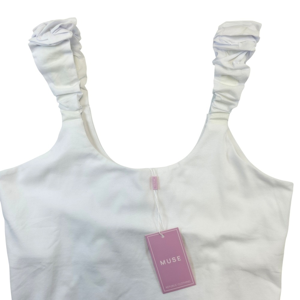 Muse Republic Cotton White Ruched Strap Scoop Neck Tank Top Sz S NEW! Minimalist - Picture 2 of 7